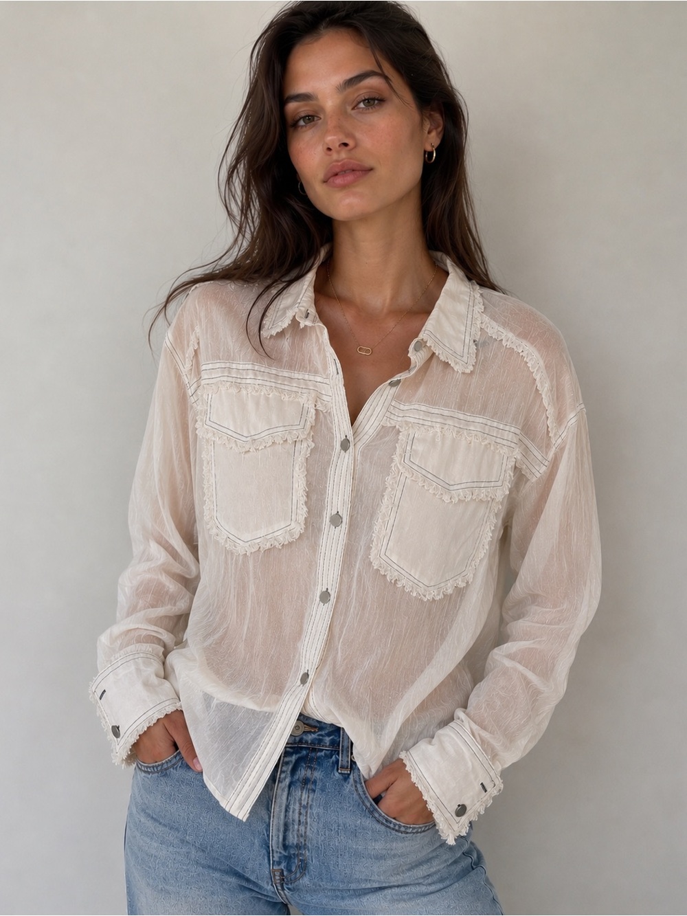 Lightweight Oversized Cream Sheer Button-Down Shirt